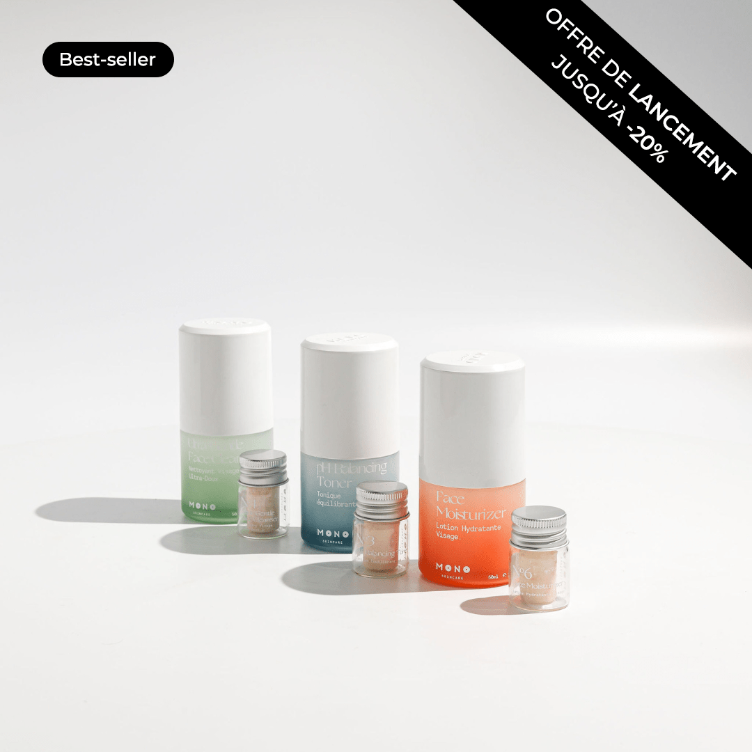 Coffret MONO Skincare Peau Équilibrée – nettoyant, tonique et hydratant pour peau apaisée, hydratée et équilibrée