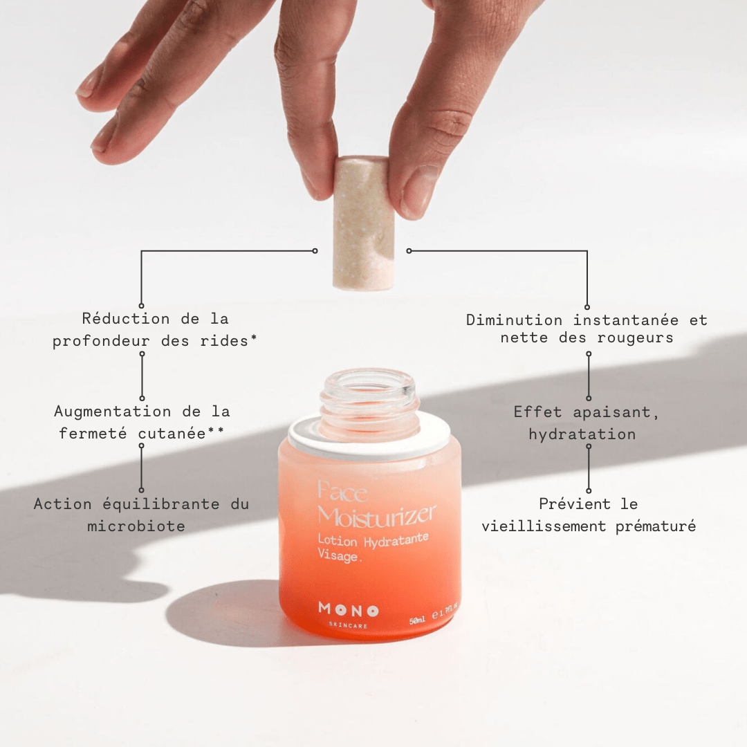 Infographie des bienfaits de la lotion hydratante MONO : hydratation, apaisement, protection de la barrière cutanée