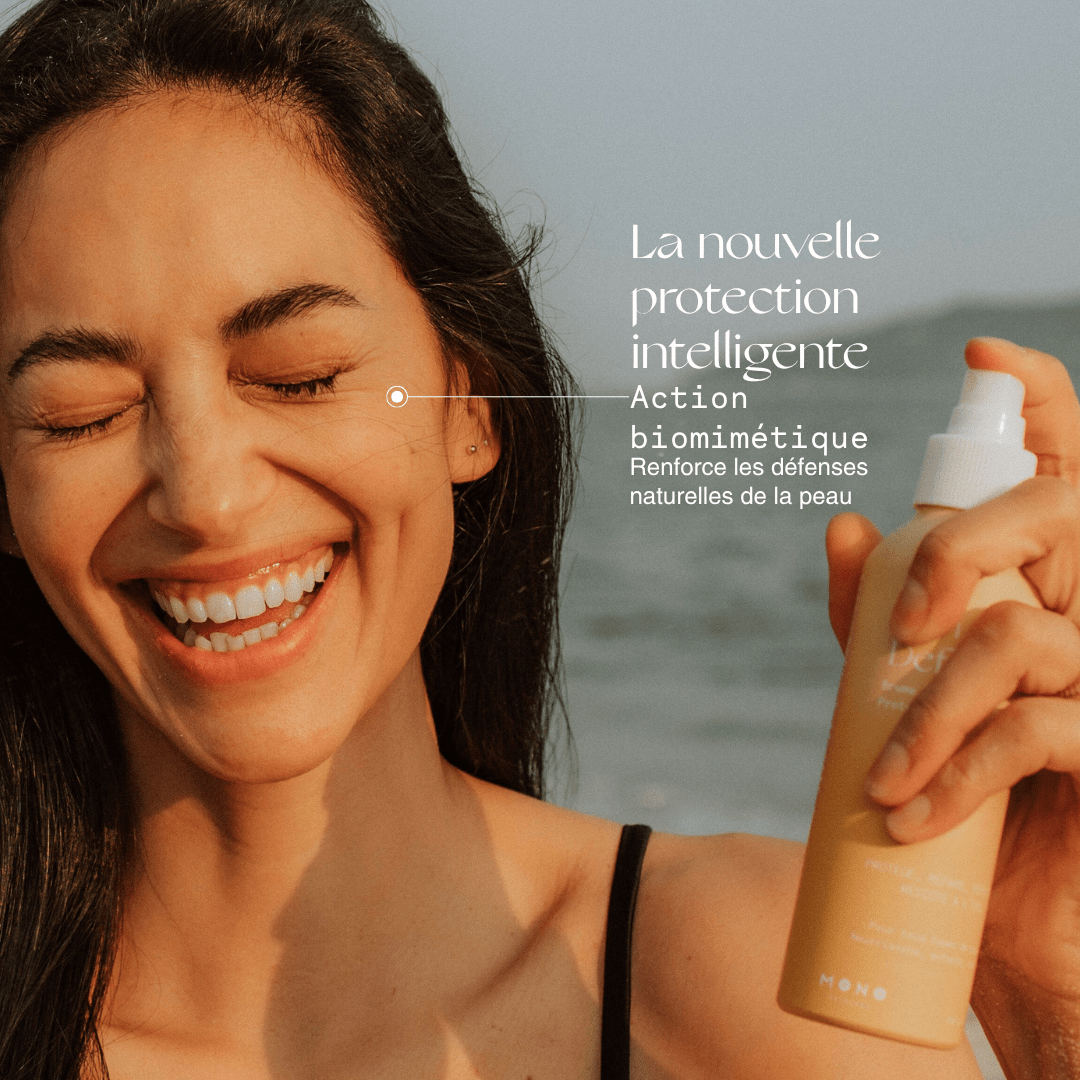Infographie illustrant les principaux bienfaits de la brume protectrice Mono Skincare : protection contre les UV, hydratation, réparation cellulaire, respect du microbiome et packaging écoresponsable.