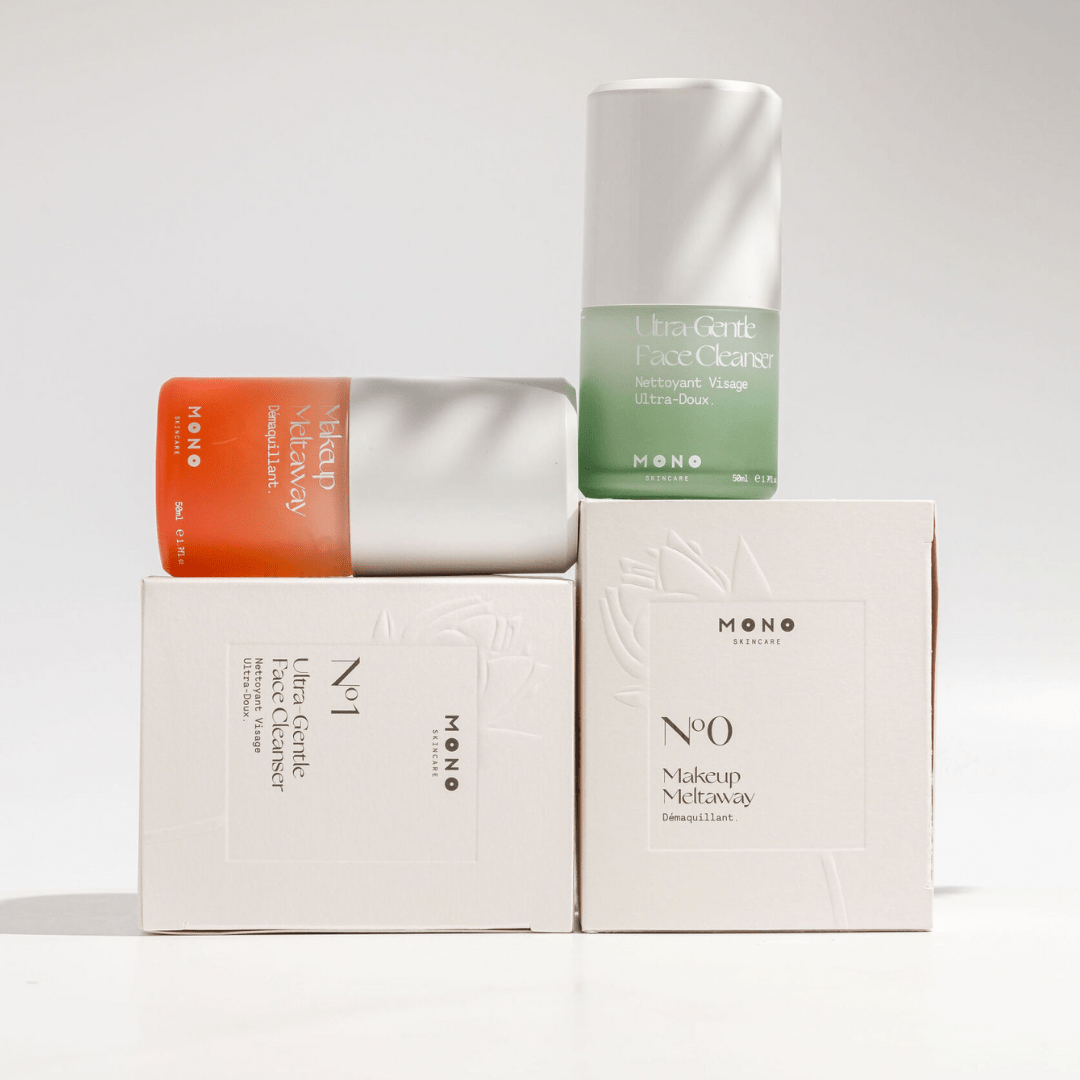 Les deux soins du rituel Double Nettoyage de Mono Skincare? nettoyant Visage Ultra-doux et le démaquillant 