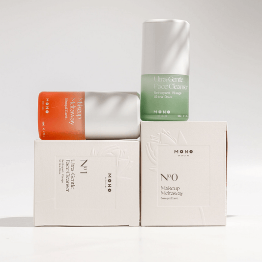 Les deux soins du rituel Double Nettoyage de Mono Skincare? nettoyant Visage Ultra-doux et le démaquillant 