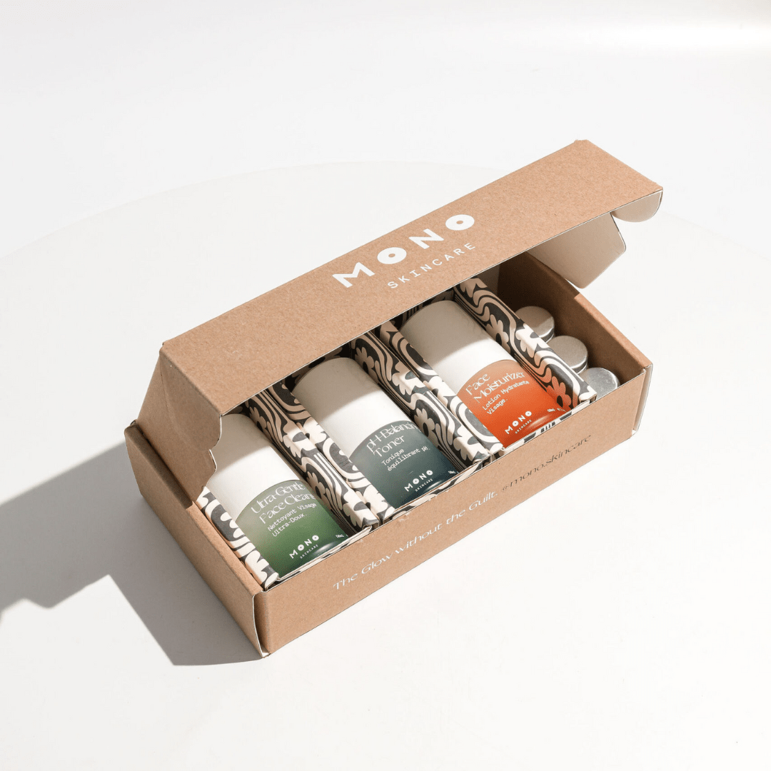 Coffret MONO dans son packaging durable – skincare clean, minimaliste et respectueux de la planète