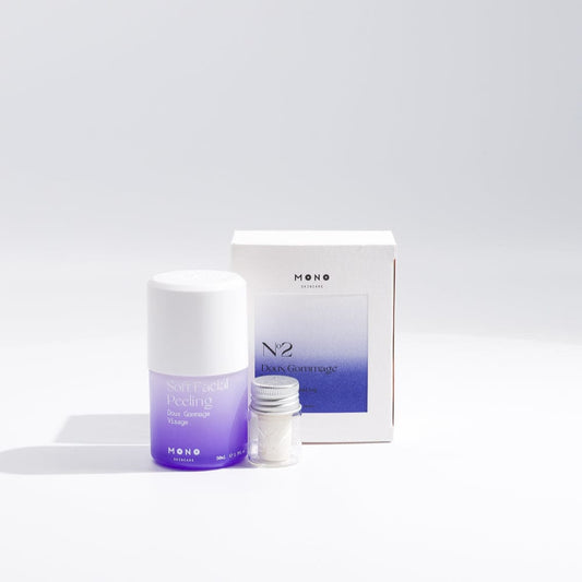 Kit de départ gommage doux visage MONO avec flacon rechargeable et comprimés pour exfoliation naturelle